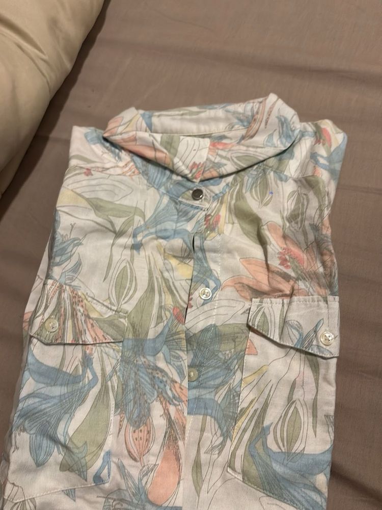 linen-cotton Floral Print Button-Up Shirt