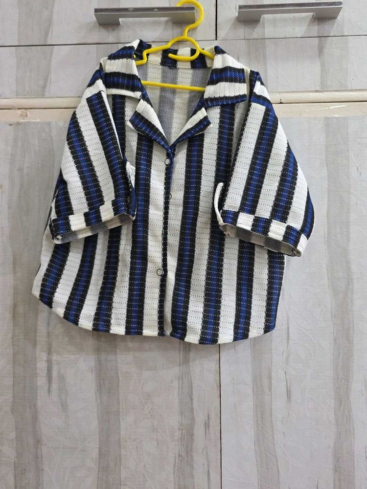 Striped Short Sleeve Button-Up Blouse