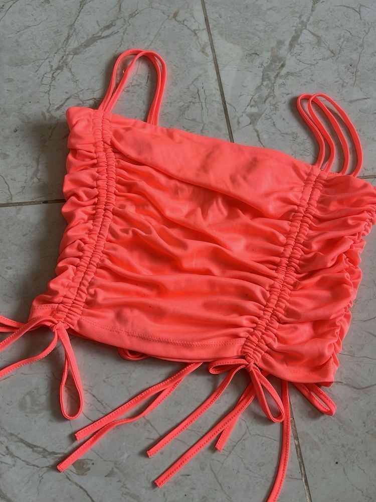 Neon Orange Ruched Camisole Top