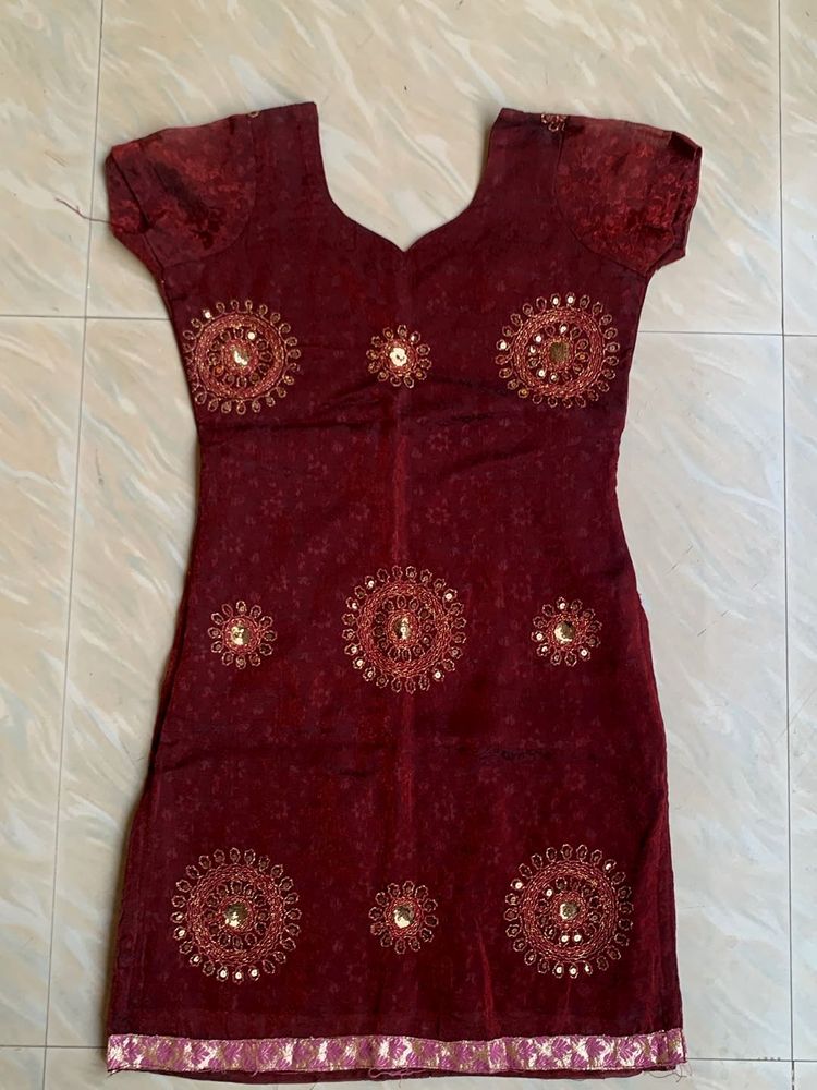 Maroon Embroidered Kurta