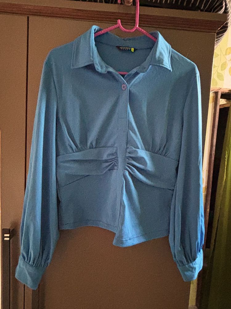Blue Ruched Button-Up Shirt