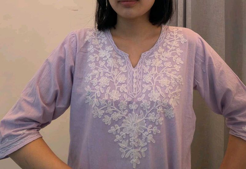Embroidered Lavender Cotton Kurta