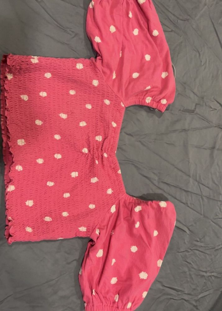 Cute Pink Polka Dot Smocked Top