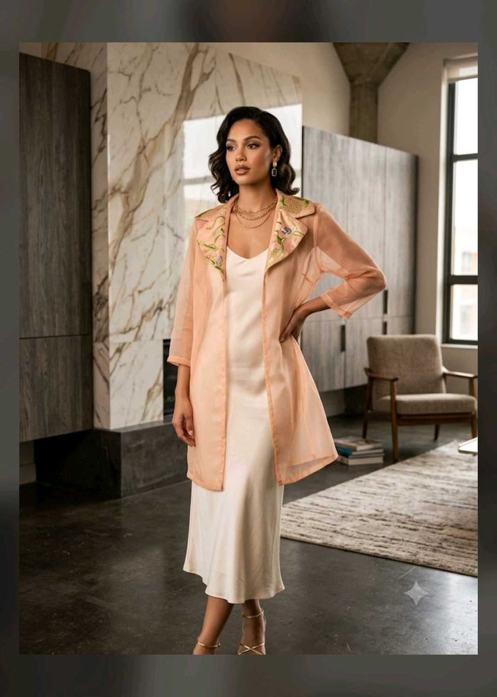 Sheer Peach Embroidered Kimono/Robe