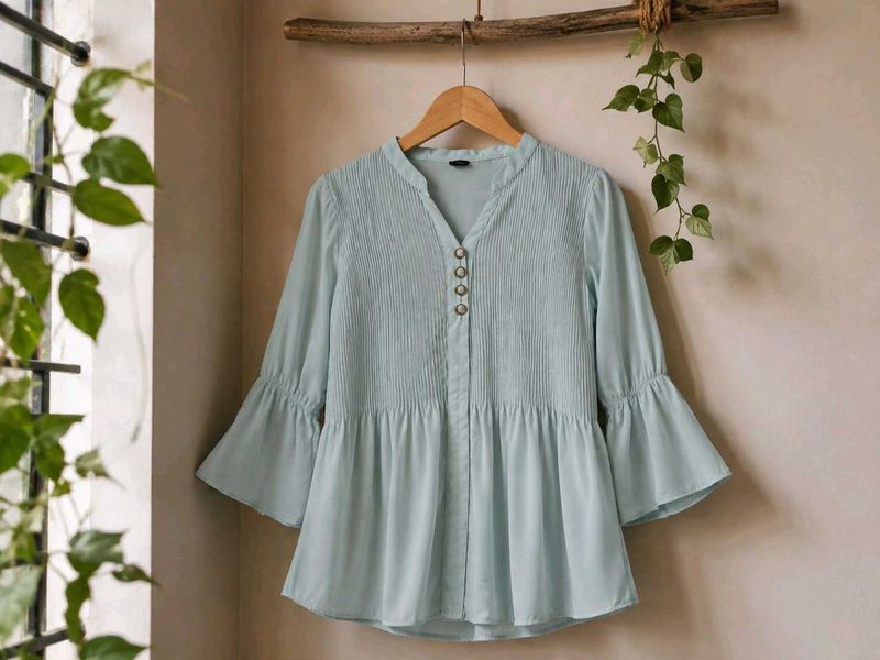 Light Blue Flared Sleeve Peplum Top