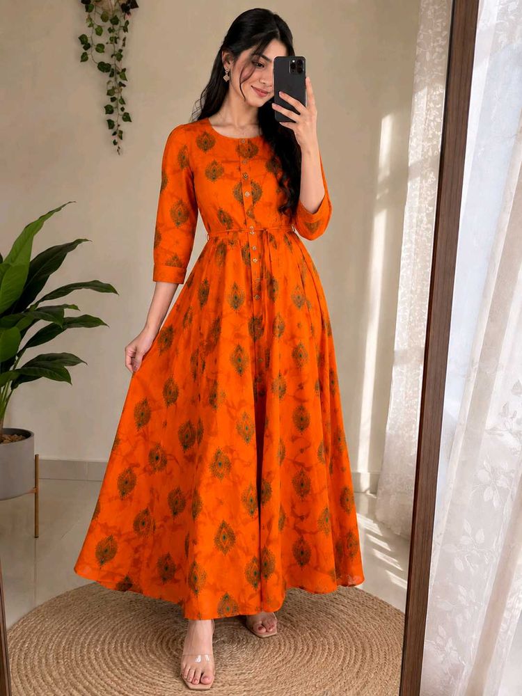 Vibrant Orange Printed Anarkali Kurta