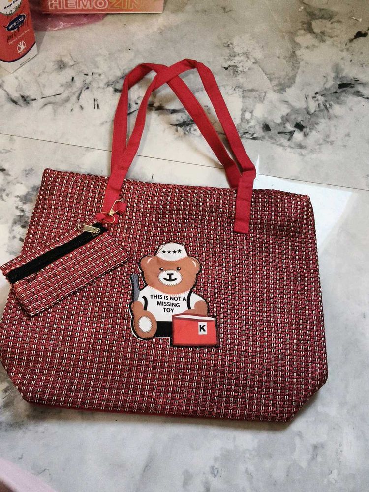 Red Tote Bag with Cute Bear Patch