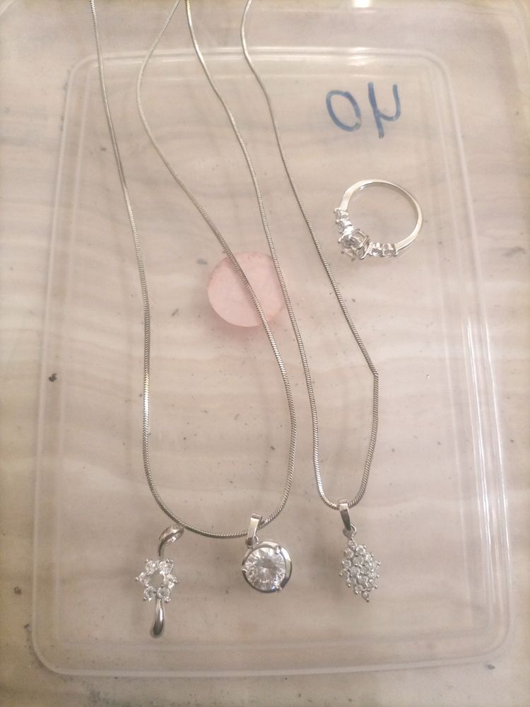 Silver 3 Pendant &amp; 2 Chain Set With Ring