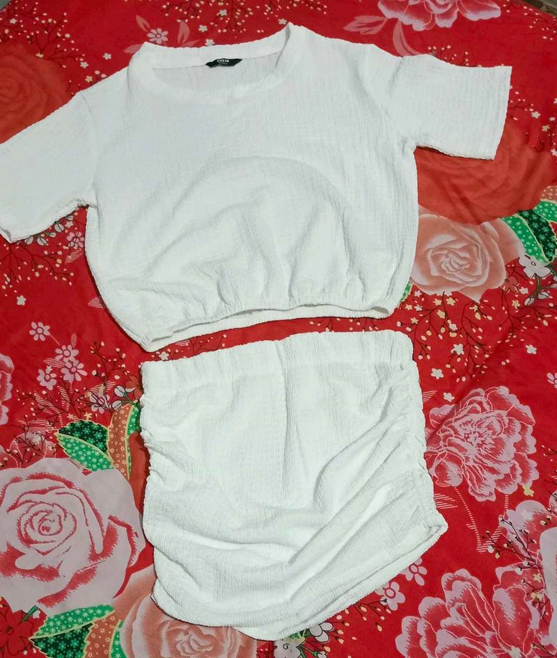White Textured Crop Top and Ruched Skirt Set