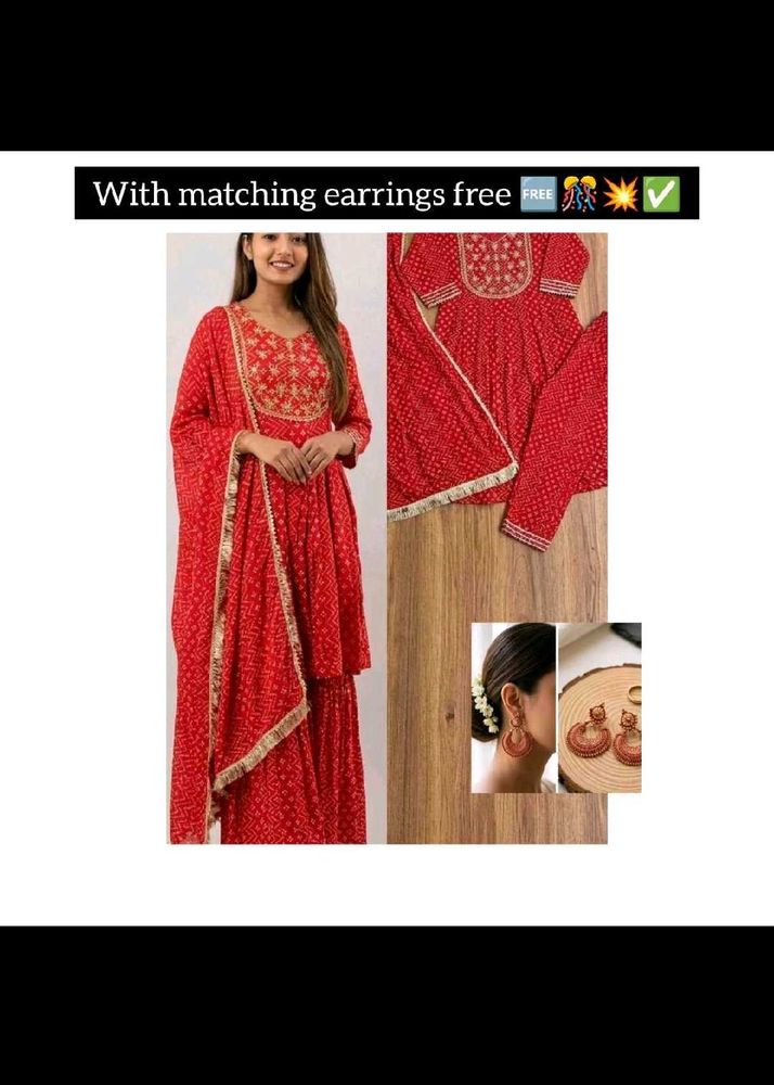 Red Bandhani Kurta Set with Earrings free