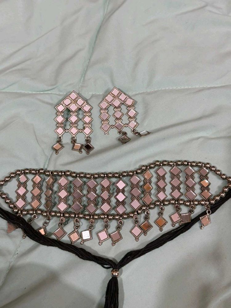 Oxidized Mirror Choker Necklace &amp; Earrings Set