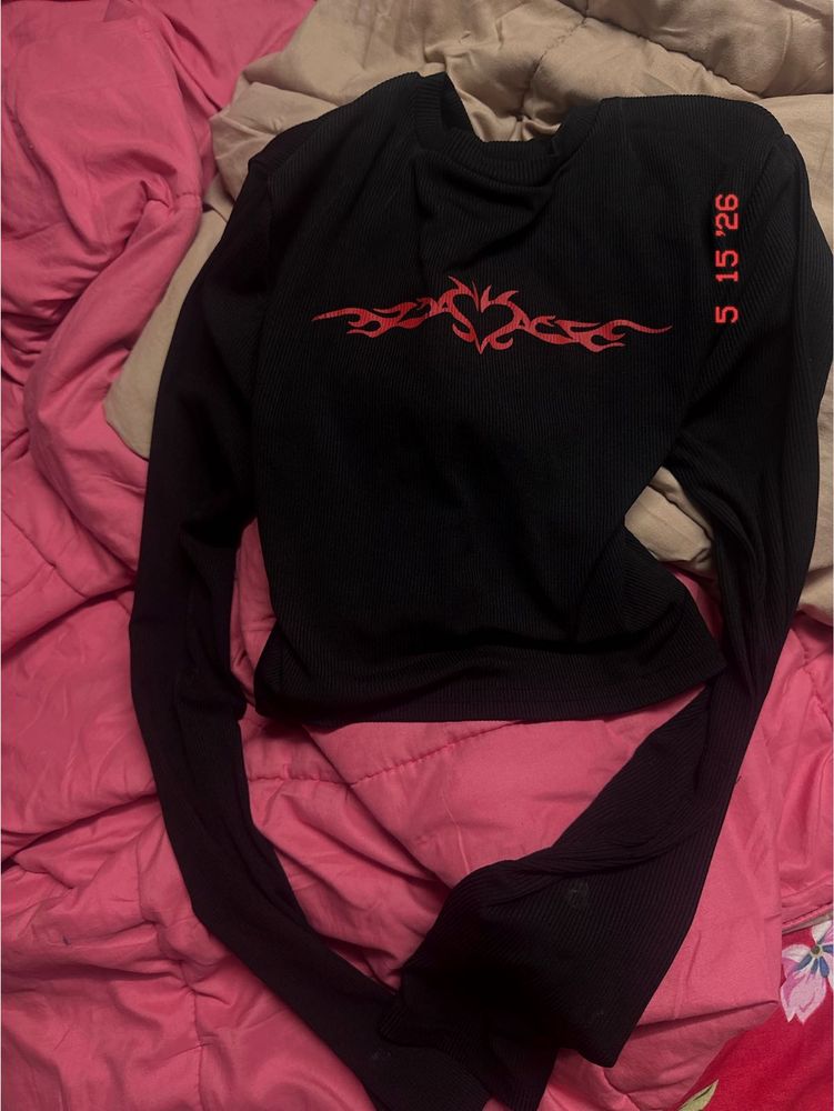 Black Long Sleeve Top with Red Flame Heart