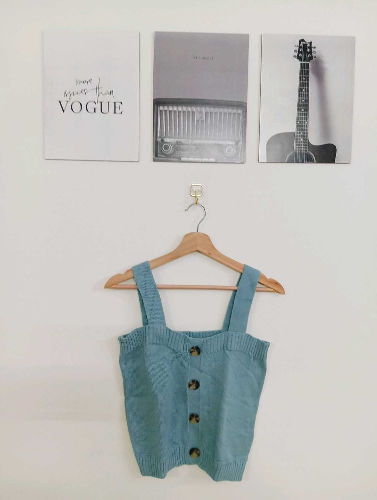 Cute Blue Knit Button-Up Tank Top