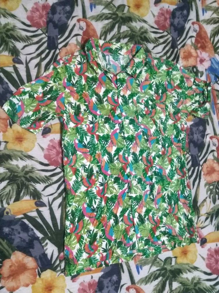 Tropical Parrot Print Short Sleeve Shirt