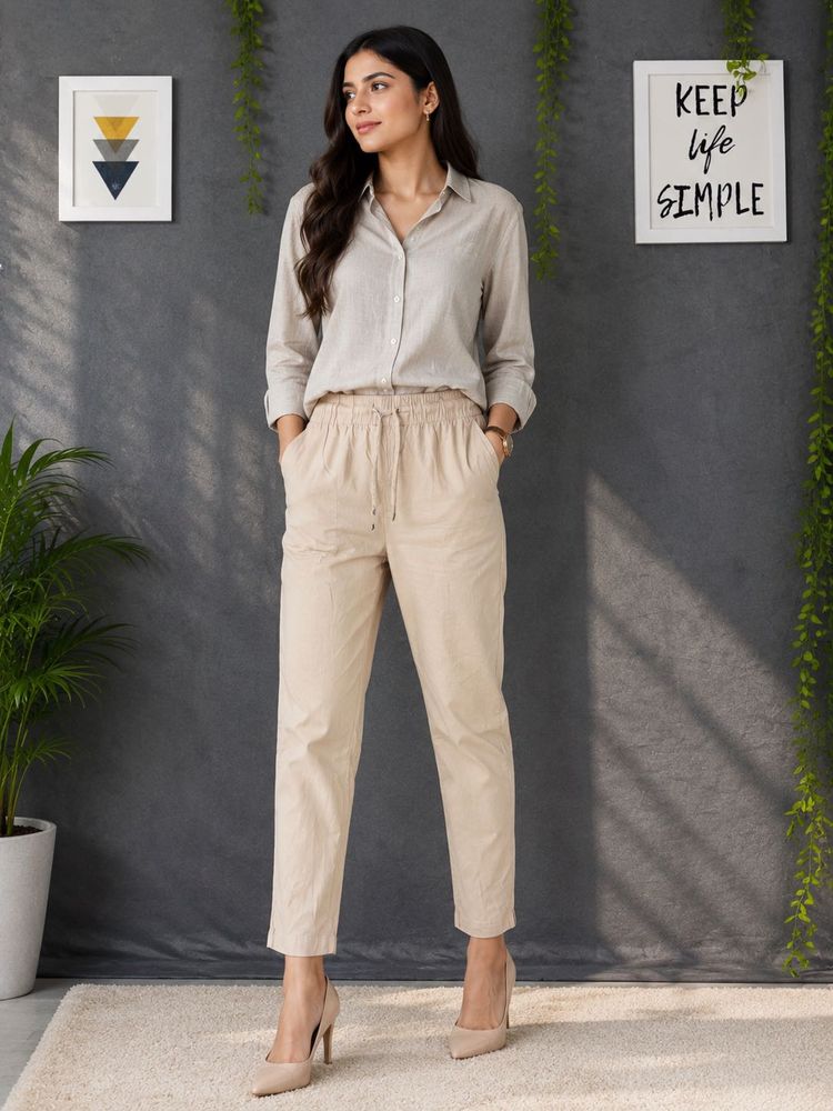 Comfortable Beige Linen Blend Pants