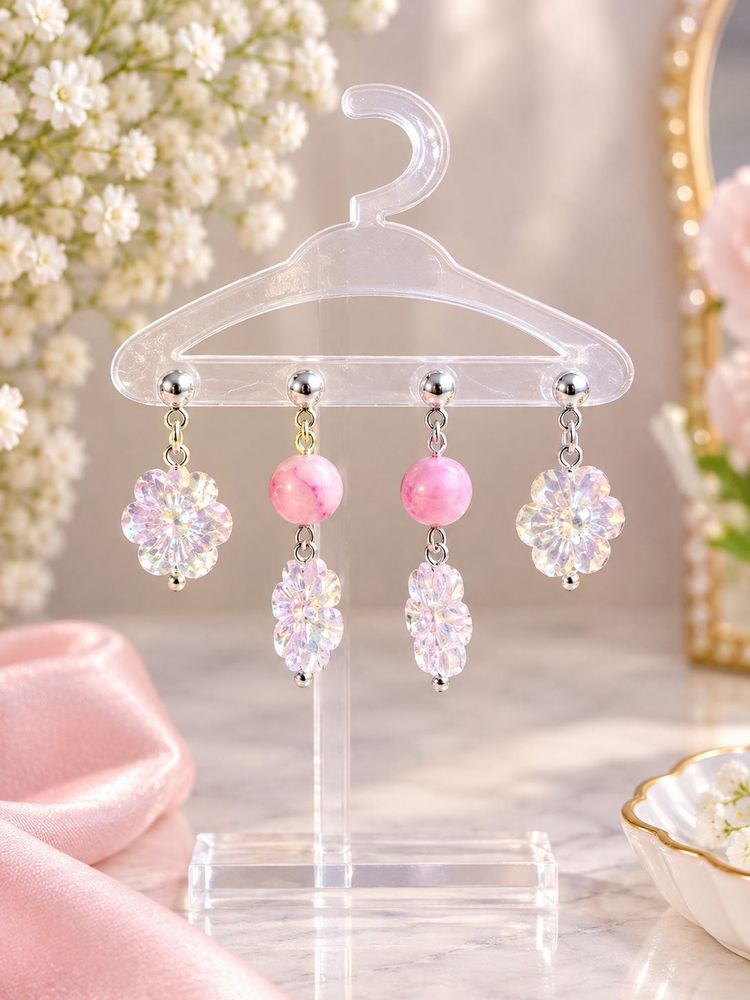 Charming Pink &amp; Iridescent Flower Earrings