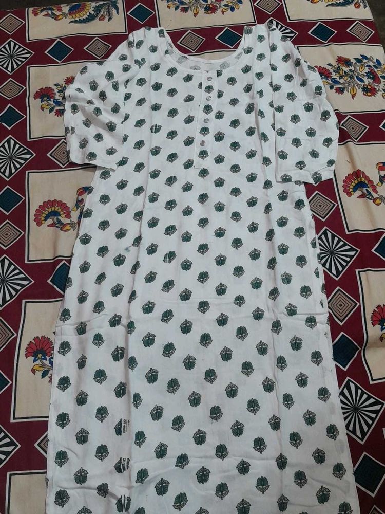 White Kurta with Green Print