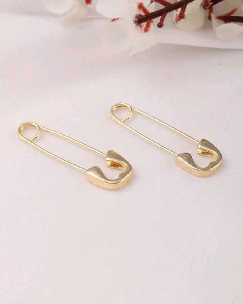 Women Safety Pin Design Golden Studs Earrings