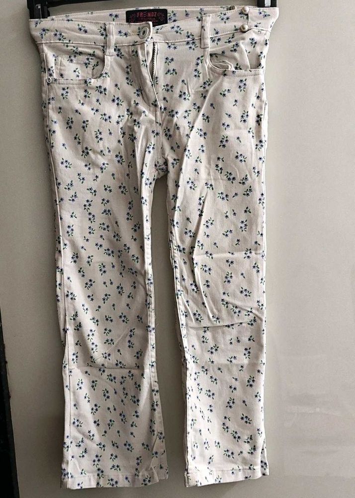 White  Floral Print Bootcut Pants