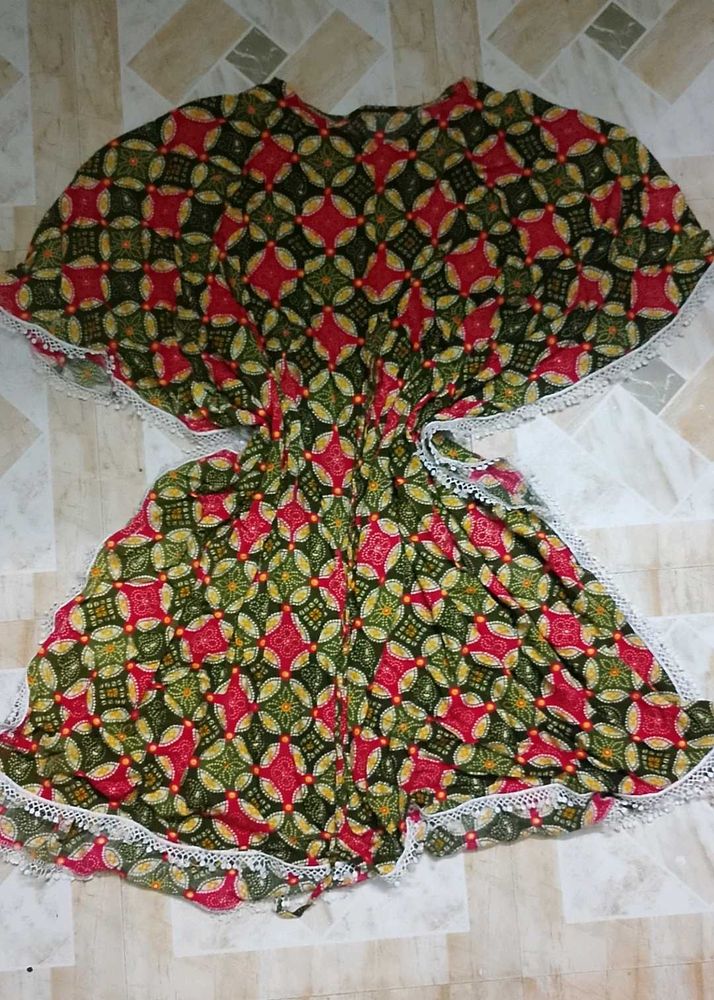 Bohemian Print Kaftan Dress with Lace Trim