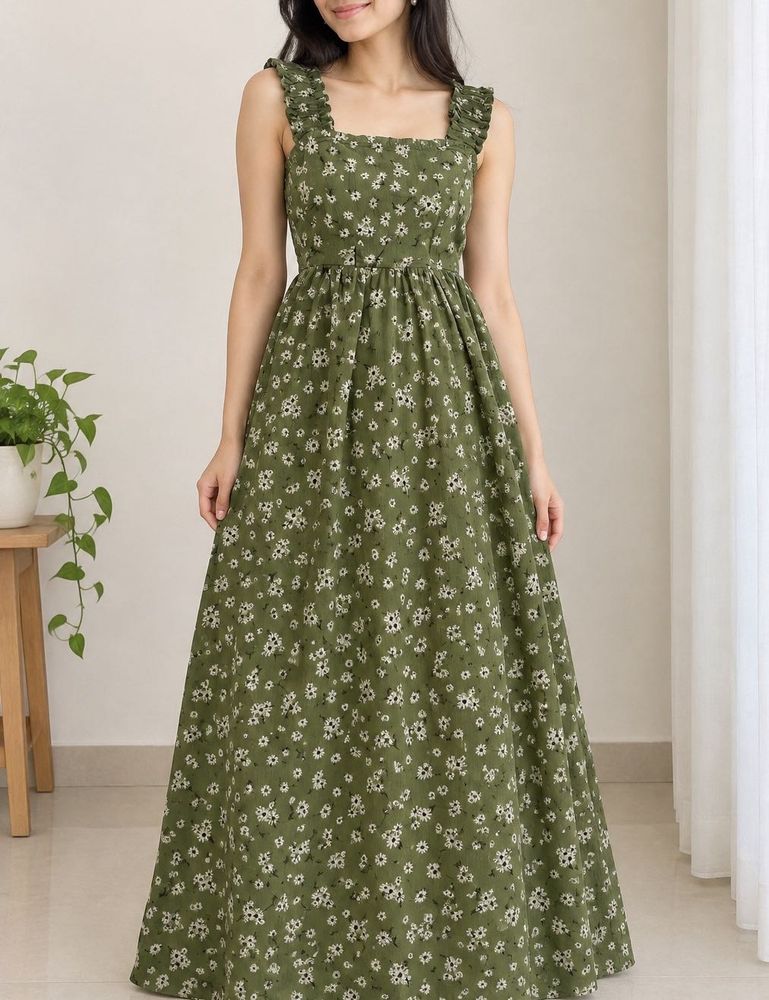 olive square neck Floral Maxi Dress