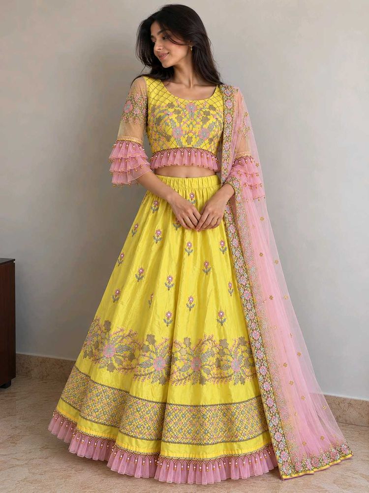 Stunning Yellow &amp; Pink Ruffle Lengha Set
