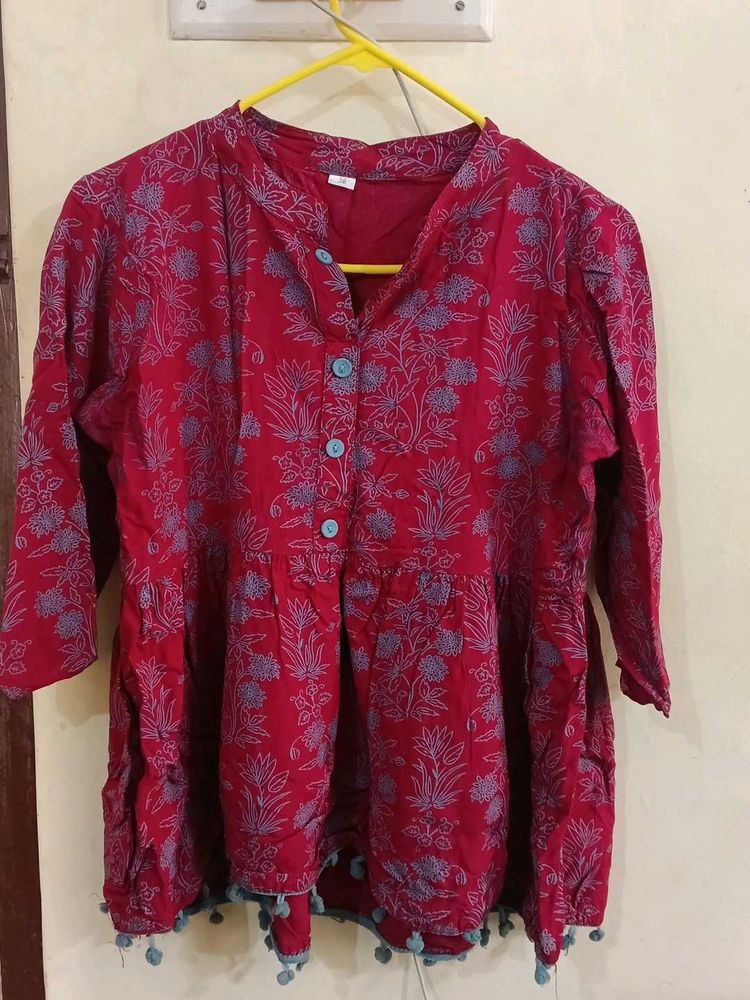 Red Floral Print top with Tassels