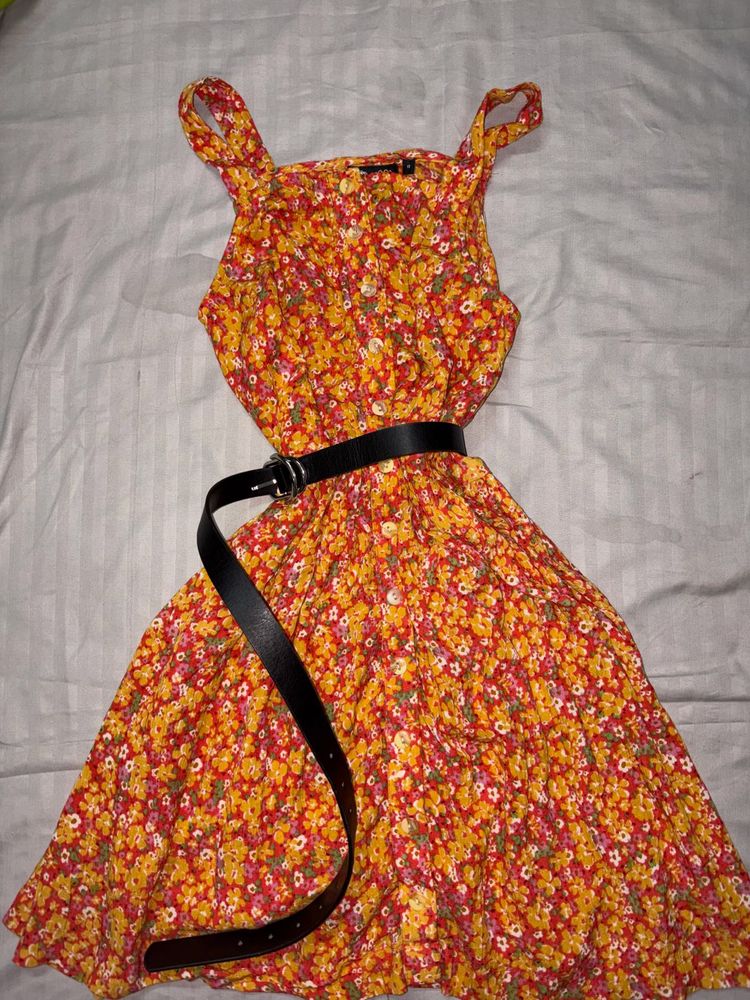 Boho Floral Print Sundress with Belt