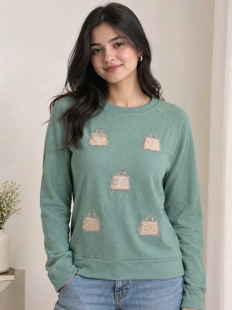 Cute Green Sweatshirt with Bag Appliques