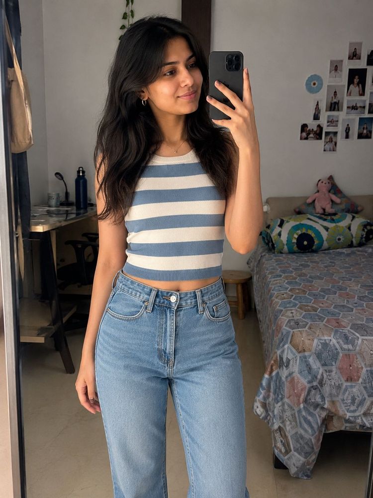 ZARA Cute Blue &amp; White Striped Crop Top
