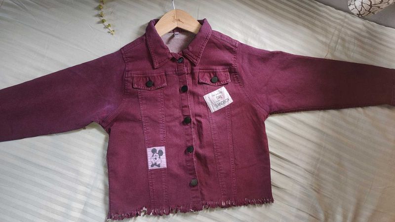 Vintage Wine Crop Denim Jacket with Mickey Patch