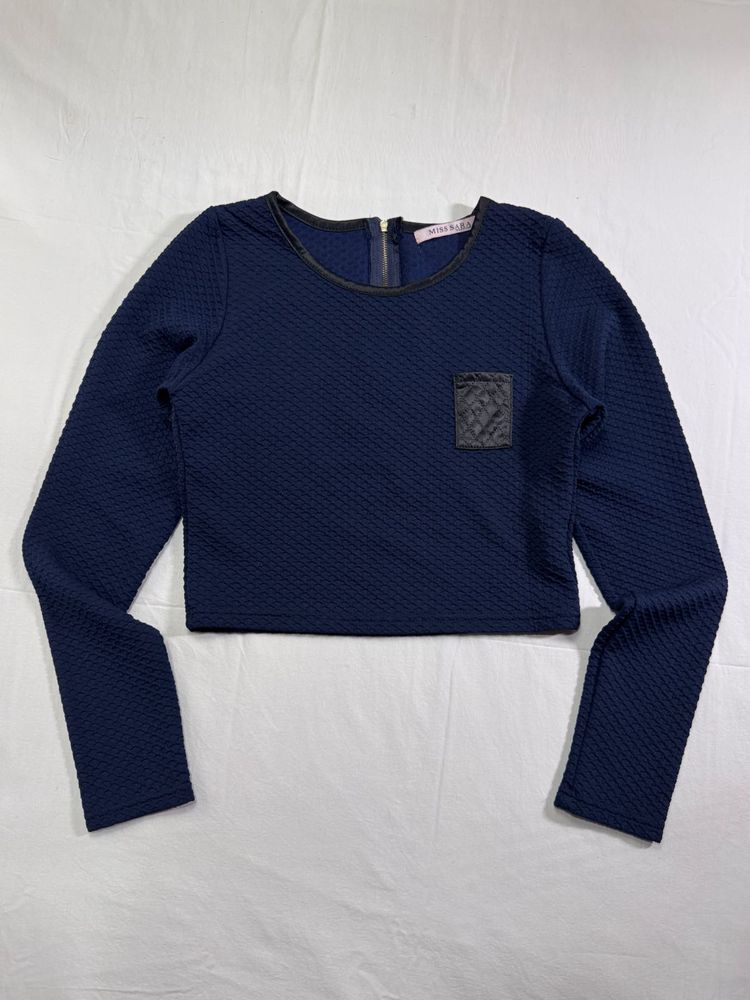 Navy Textured Long Sleeve Crop Top