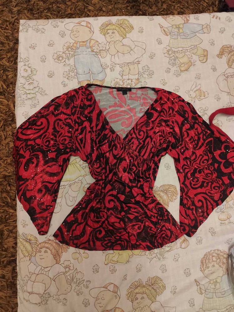 Red &amp; Black Sparkle Y2k Bell Sleeve Top