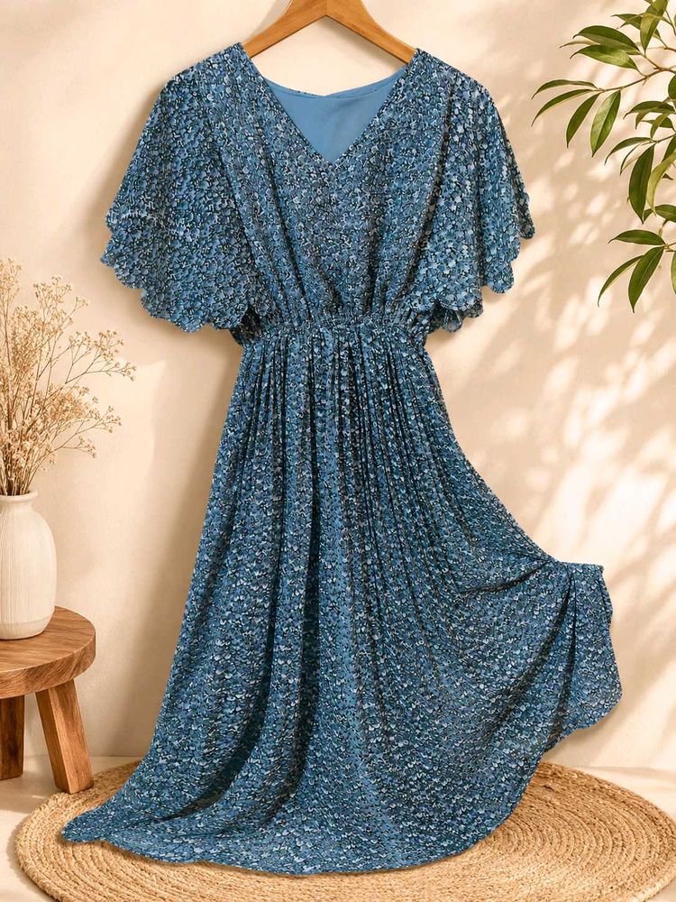 Blue Floral Print Midi Dress
