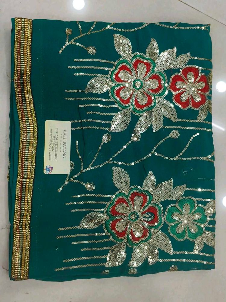 Embroidered Teal Saree with Sequins