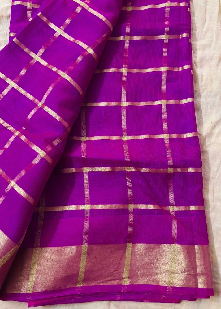 Vibrant Purple Silk Saree with Gold Checks