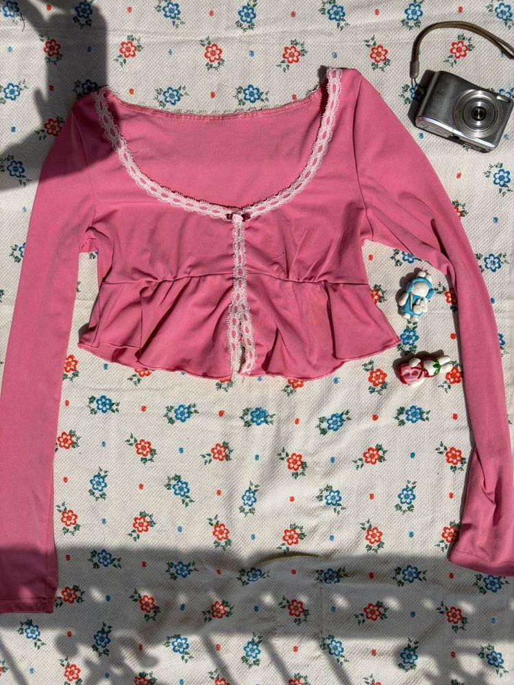 Cute Pink Lace Trim Peplum Top