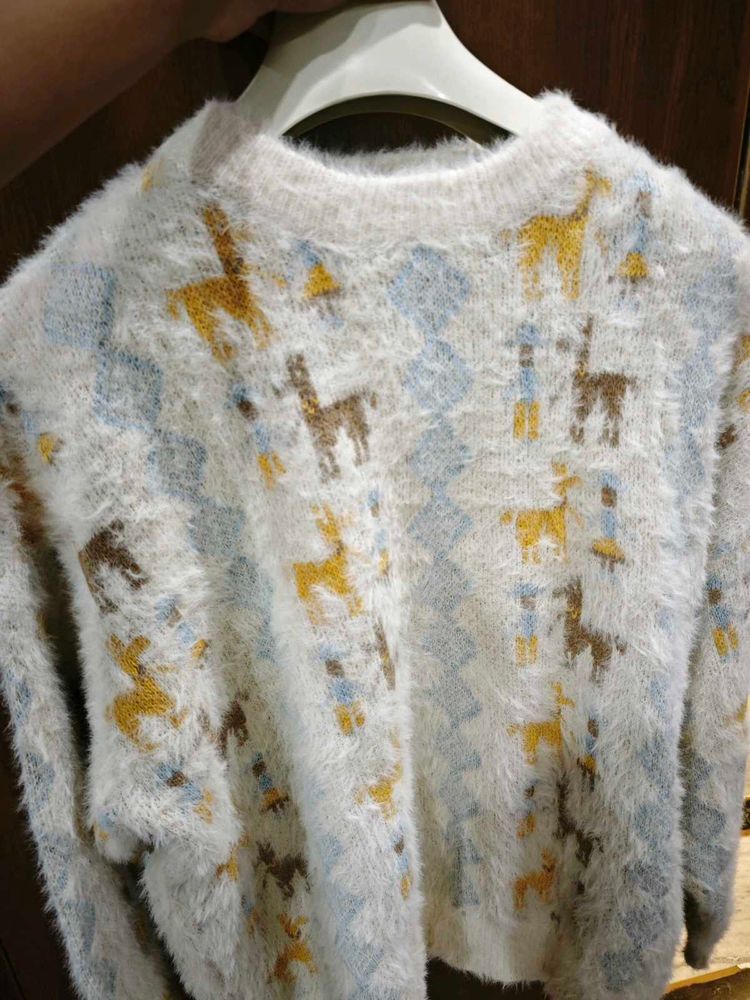 Cozy Faux Fur Deer Print Sweater