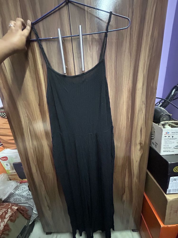 Black Ribbed Spaghetti Strap Jumpsuit