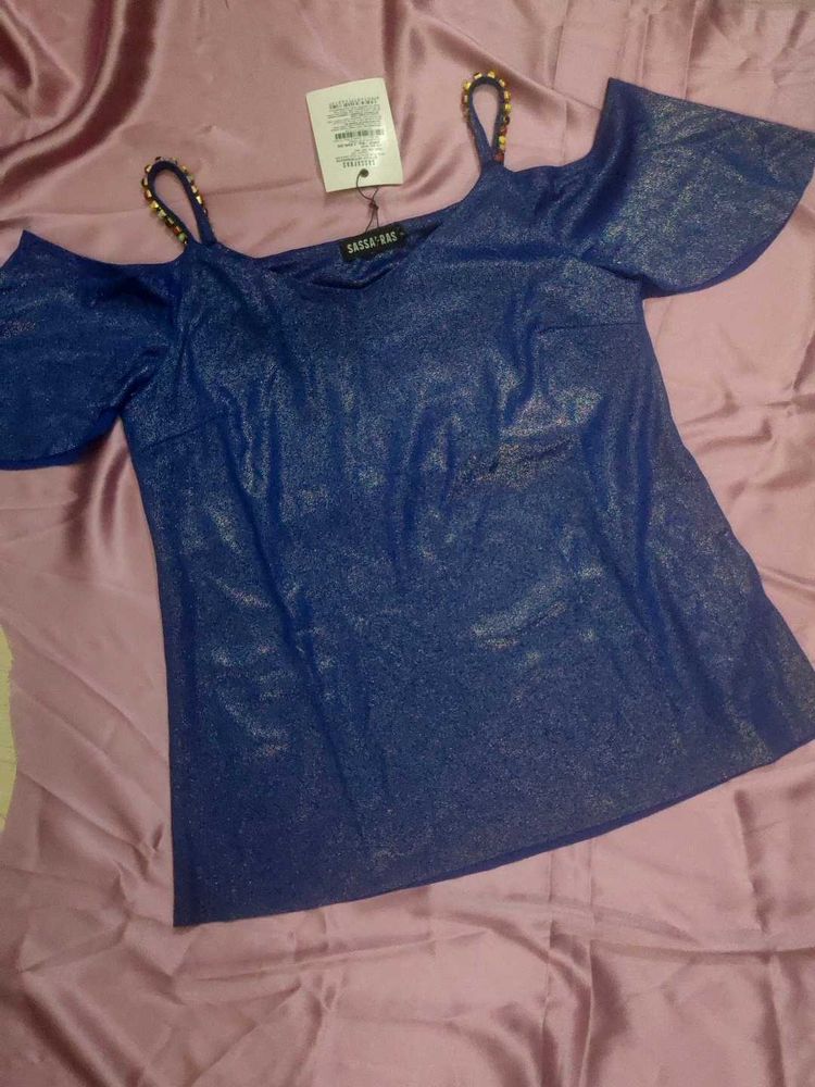 Royal Blue Metallic Cold Shoulder Strappy Top