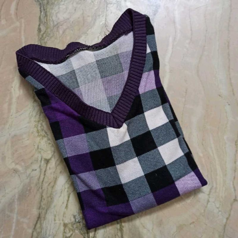 Purple Plaid V-Neck Woolen Top