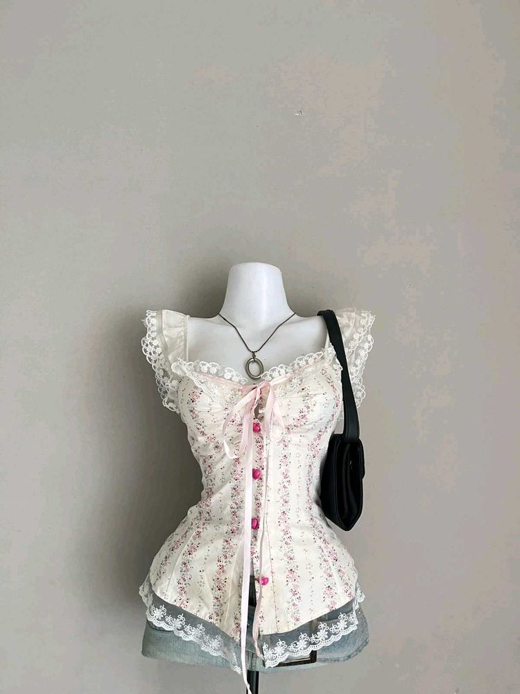 Floral Corset Top with Lace Trim