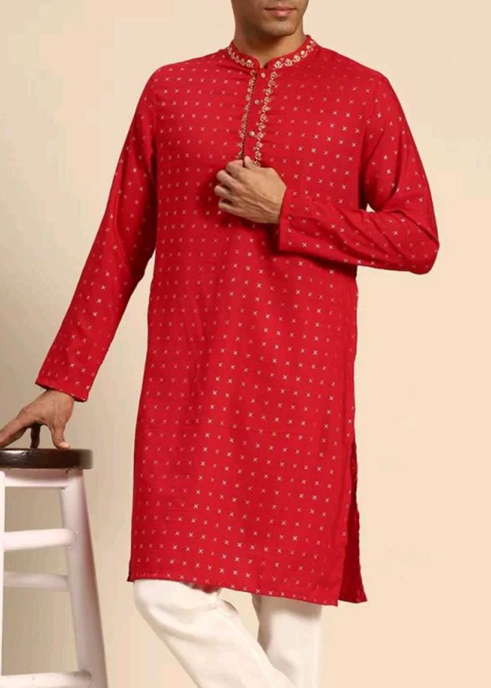 Men Red &amp; Gold-Toned Geometric Kurta
