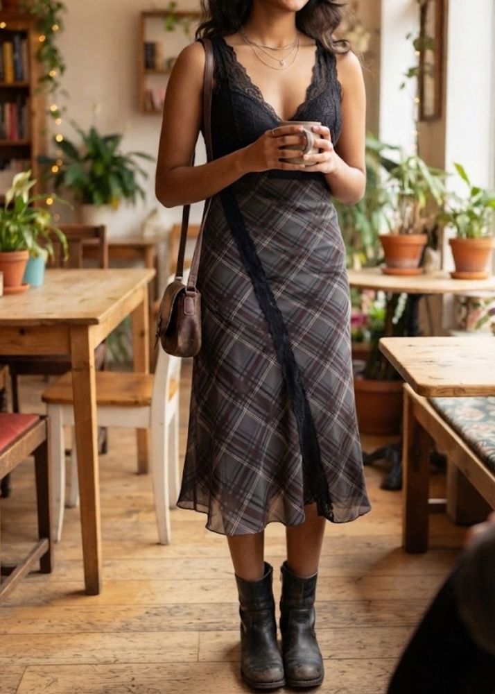 Chic Plaid Midi Dress with Lace Trim