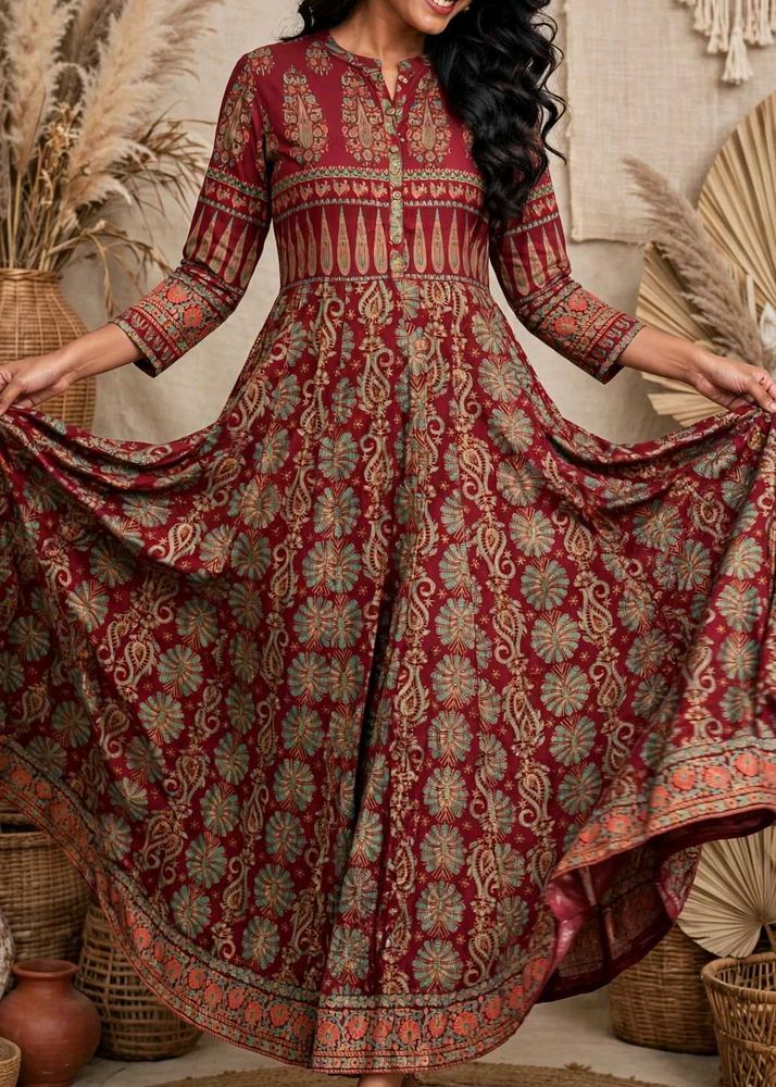 Maroon Printed Anarkali Kurta / Long Dress