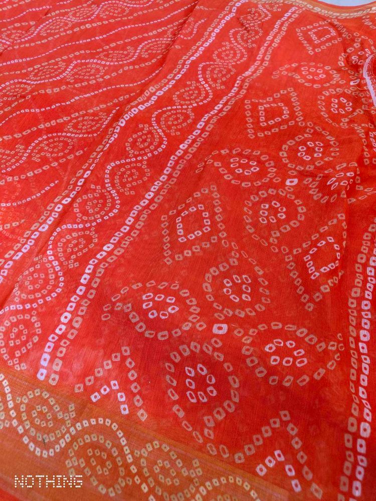 Floral Print Bandhani Cotton Blend Saree(Orange)
