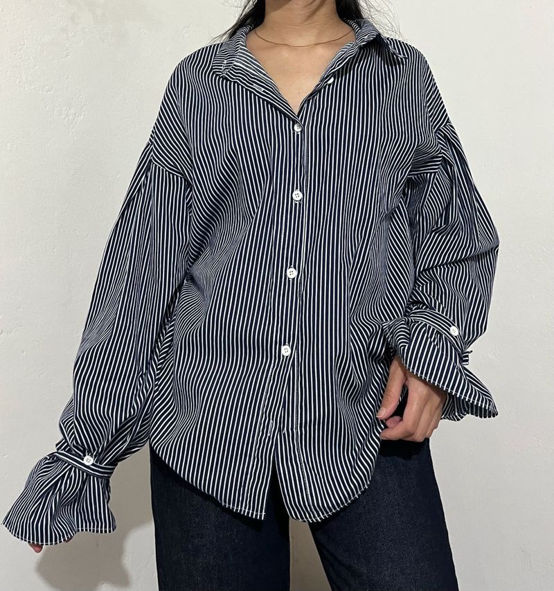 Striped Button-Up Blouse with Dramatic Sleeves