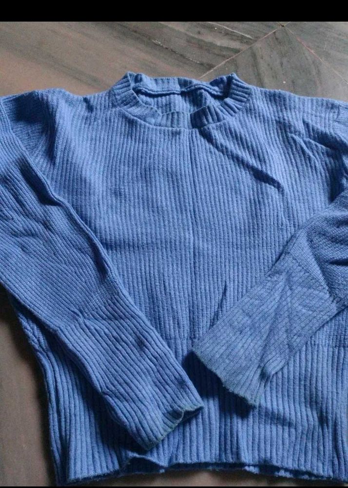 Blue Ribbed Knit Sweater