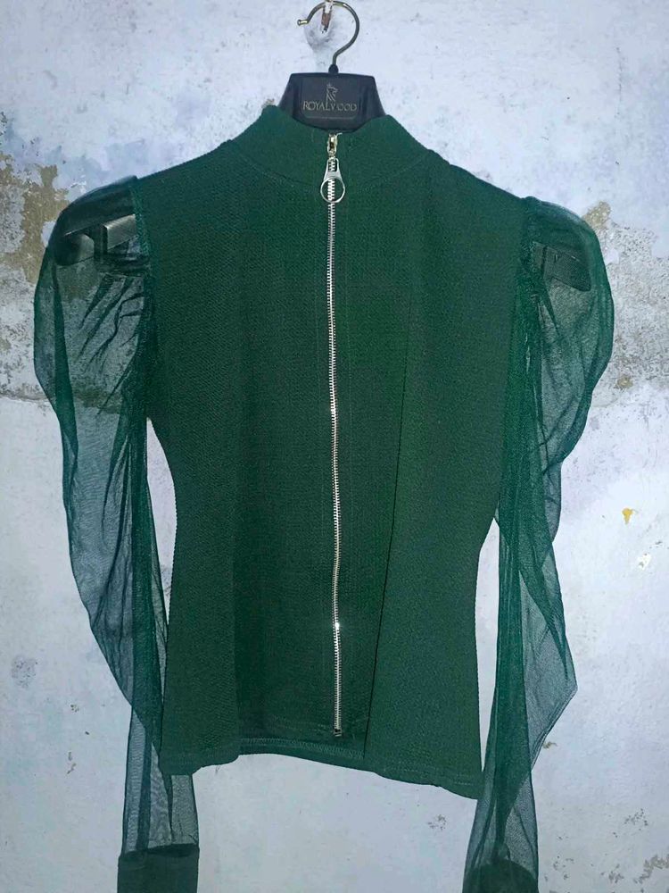 Chic Zipper Front Top with Sheer Sleeves