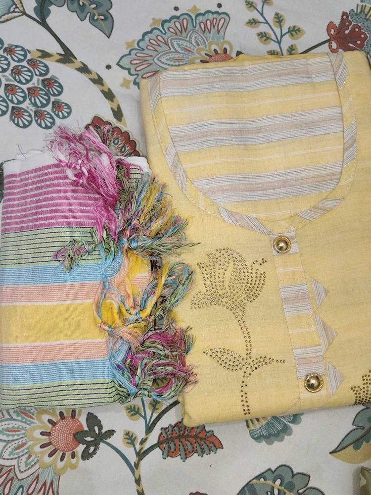 yellow colour unstitched dress material with multi